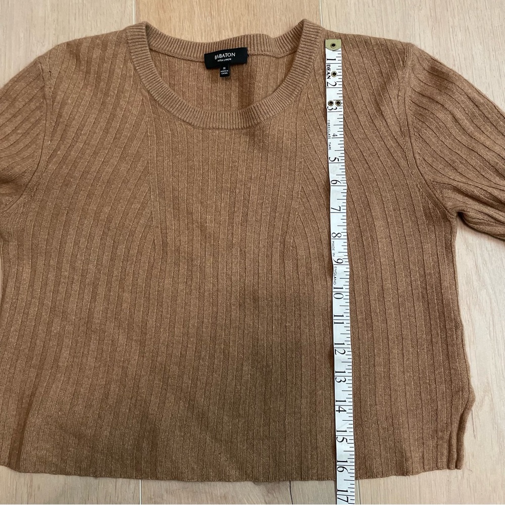 ARITZIA BABATON Tan Ribbed Long Sleeve Wool and Linen Mix Cropped Sweater - Picture 7 of 7